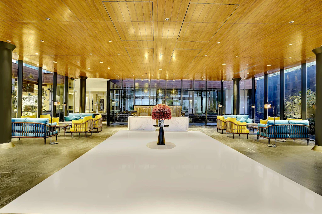 Outdoor pool area with loungers